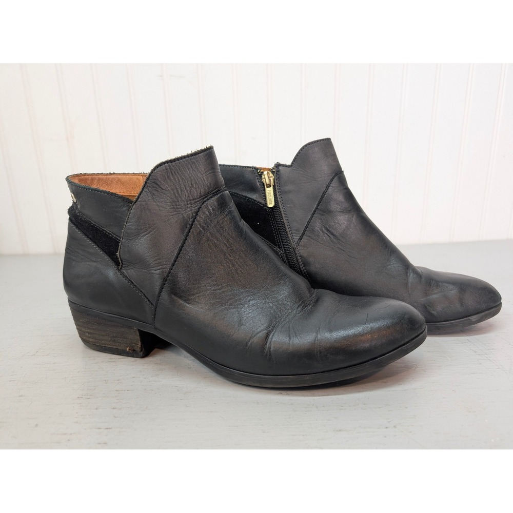 Pikolinos Black Leather Side Zip Ankle Boots Women's Size EU 41 Block Heel